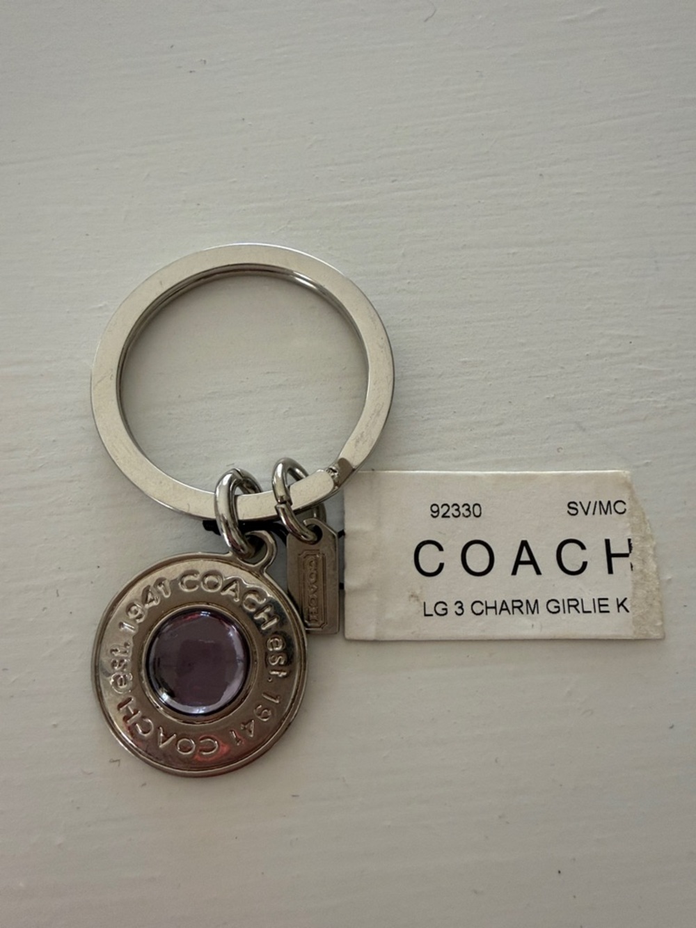 Coach Silver-Tone Keyring with Purple Gem Charm